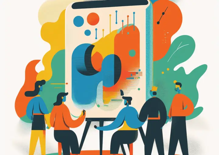 Crisisteam vergadert rond een tafel, waarop een groot whiteboard met de woorden "Beeldvorming", "Oordeelsvorming" en "Besluitvorming" geschreven staan. Teamleden zijn actief in discussie, wijzen naar het whiteboard en maken aantekeningen.